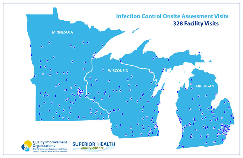 map of Minnesota, Wisconsin and Michigan with pins noting facility visits